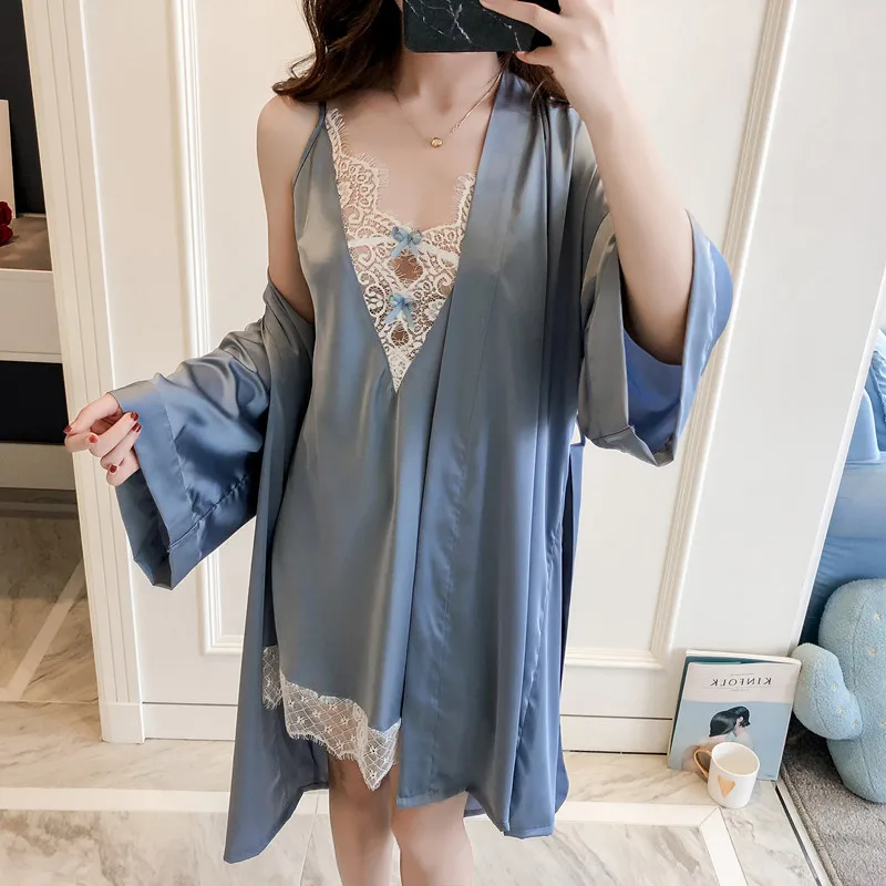 

Gray Sexy Two Piece Rayon Robe Set Lace Silk Home Clothes for Women Nightie Sleepwear Nocturnal Female Bathrobes Women's Robes