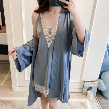 

Gray Sexy Two Piece Rayon Robe Set Lace Silk Home Clothes for Women Nightie Sleepwear Nocturnal Female Bathrobes Women's Robes