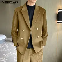 

INCERUN Tops 2021 New Men's Solid Corduroy Suit Jackets Double-breasted Male Fashion Party Nightclub Hot Sale Blazer Coats S-5XL