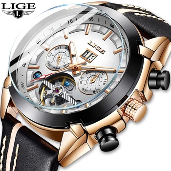 

2020 Mechanical Mens Watches LIGE Automatic Mechanical Watch Men Military Leather Waterproof Sport Clock Relogio Masculino+Box