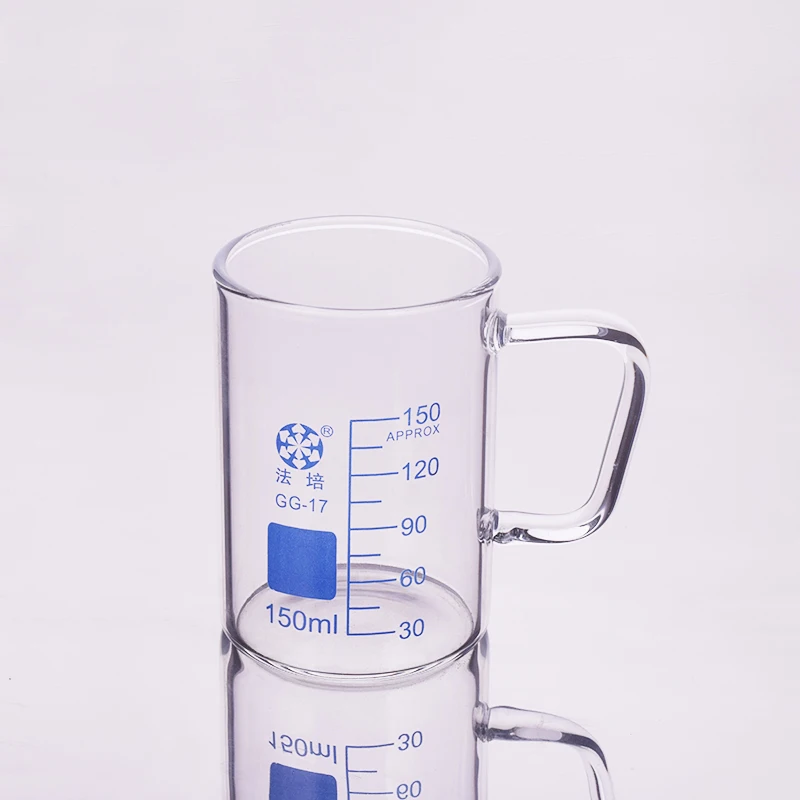 Beaker in low form without spout,With handle,Capacity 150ml,Outer diameter=60mm,Thickness=2.8mm,Height=87mm,Laboratory beaker
