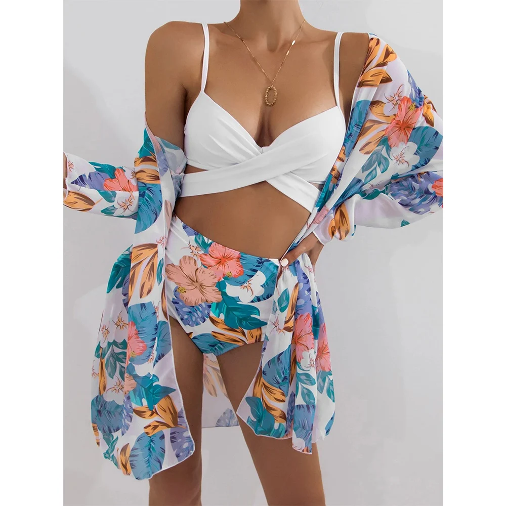 2022 Sexy Bikinis And Cover Set Women Swimsuit Printed Swimwear High Waist Summer Strappy Bathing Suit Beach Wear Biquini Female bathing suit and cover up set