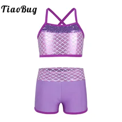 TiaoBug Kids Girls Two-Piece Sports Tankini Dancewear Sequins Ballet Jazz Gymnastics Shorts with Tank Top Performance Costume