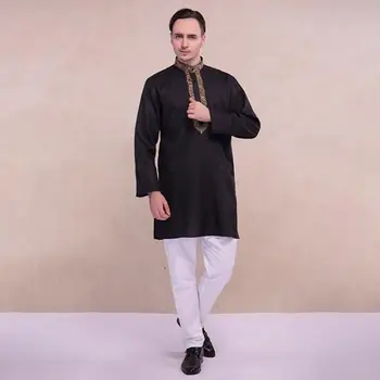 

India Man Suits Ethnic Embroidery Sets Comfortable Cotton India Loose Long Sleeves Black Thin Top and Pants