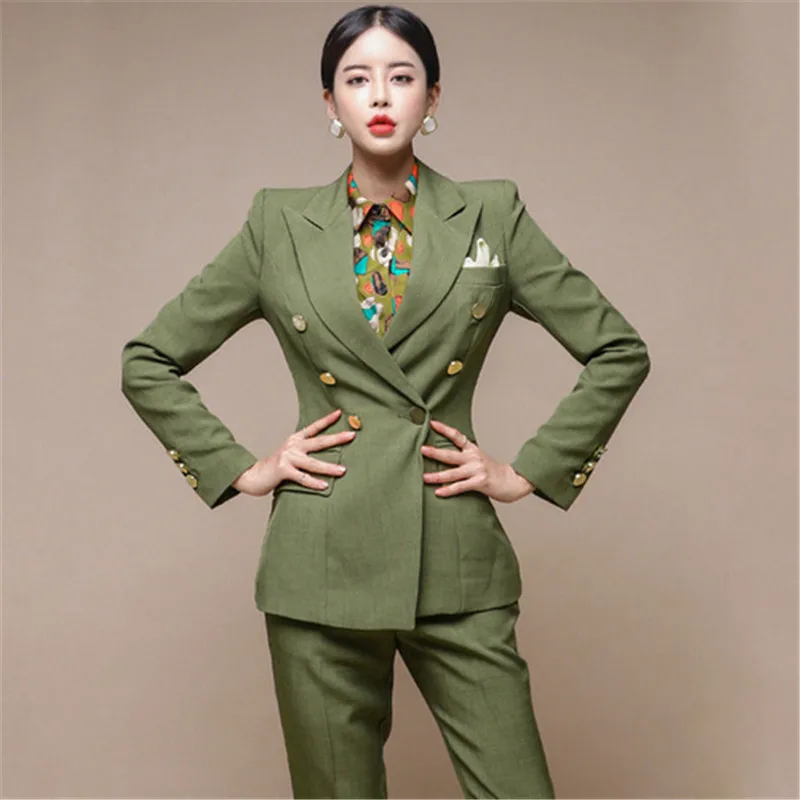 Runway Ladies Autumn Suit Office Work Double Breasted Blazer Trouser Set Fashion Business Pant Suits Women Formal Pantsuit