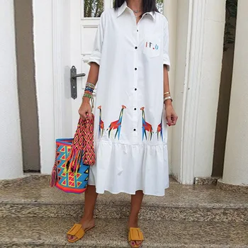 

African Women Summer White Shirt Midi Dress Stand Giraffe Print Mid-Calf Button Party Loose Dresses 2020 Vestido Africa Clothing