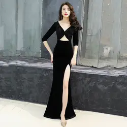 Выдалбливают черные женские вечерние Cheongsam Половина рукава одежда длиной до пола макси-платье с v-образным вырезом спинки сексуальное
