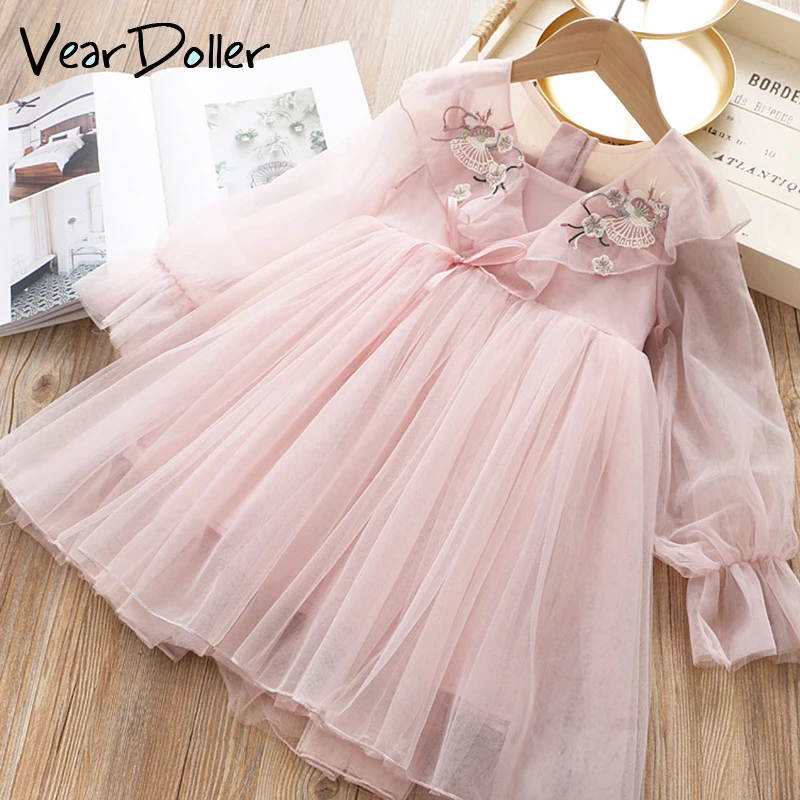 Veardoller/Сетчатое платье принцессы для девочек; Новинка года; модная детская одежда; Детские платья с цветочной вышивкой для девочек; праздничное платье