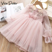 Veardoller/Сетчатое платье принцессы для девочек; Новинка года; модная детская одежда; Детские платья с цветочной вышивкой для девочек; праздничное платье