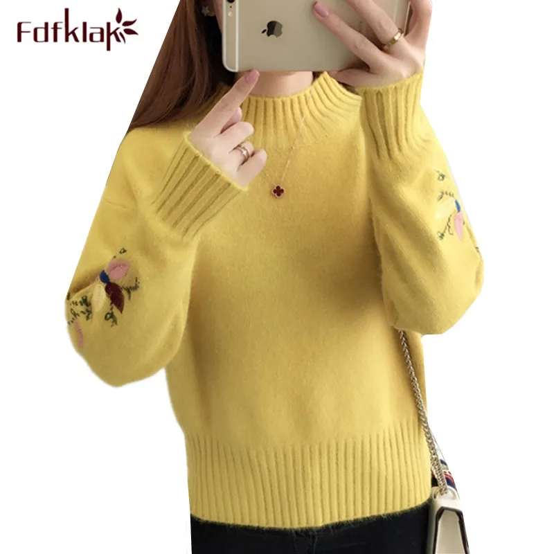 

Fdfklak Thick warm women sweater autumn winter knit top ladies sweaters turtleneck pullover sweter embroidery wool pull tops