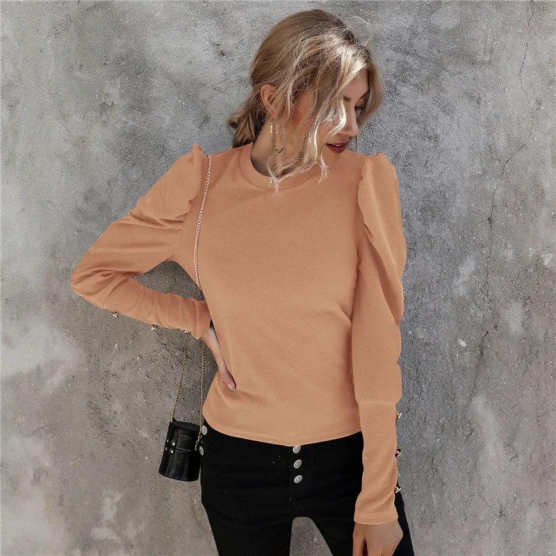 

FY Women Blouse Long Sleeve Solid Color Top Elegant Blouse Long Sleeve Round Neck Shirt Women Ladies Shirts Roupa Feminina
