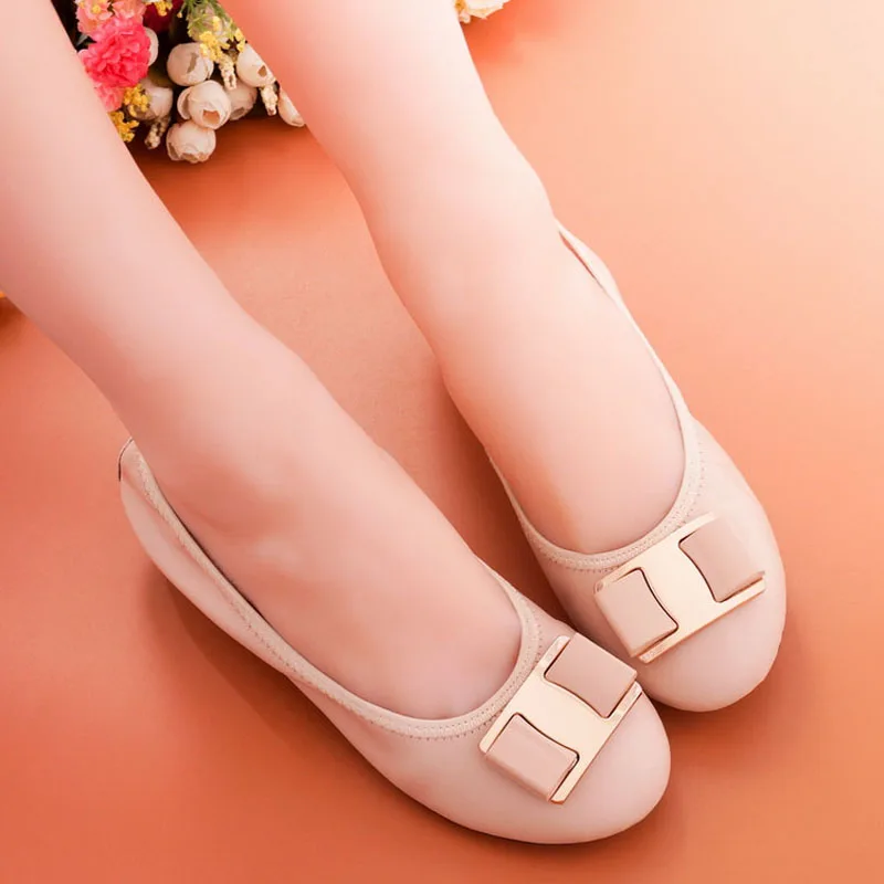 2021 Genuine Leather Metal Bow Buckle Women Ballet Flats Shoes Women Fashion Round Toe Shoes For Women Soft Comfort Loafers