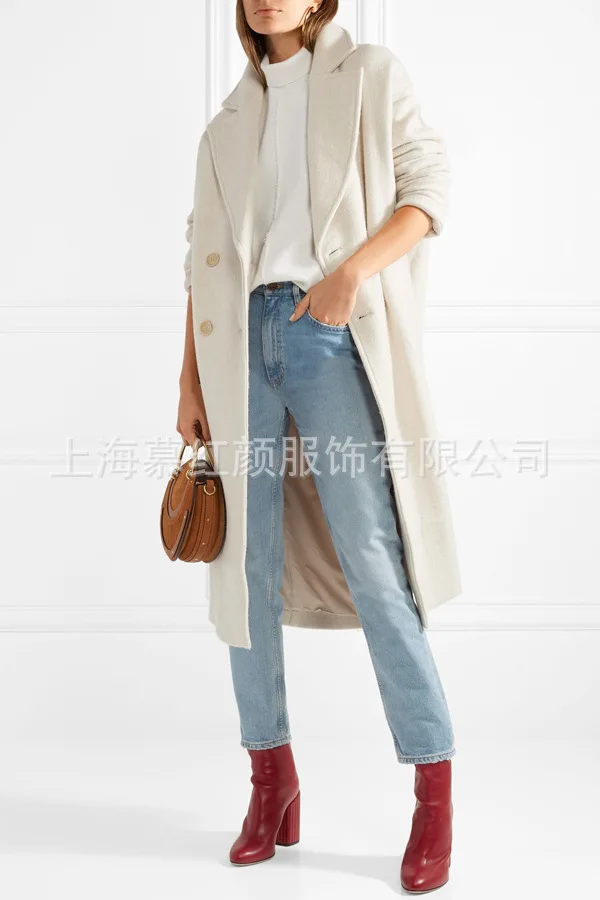 White Solid Long Wool Blend Ladies Coat Vintage Women's Jacket Wide-waisted Double Breasted Korean Womens Fashion Coat