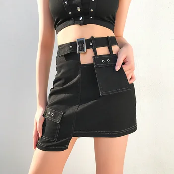 

JIEZuoFang Black High Waist Hollow Out Short Skirt Pocket Irregular Pencil Skirt Women Summer Asymmetrical Gothic Mini Skirts