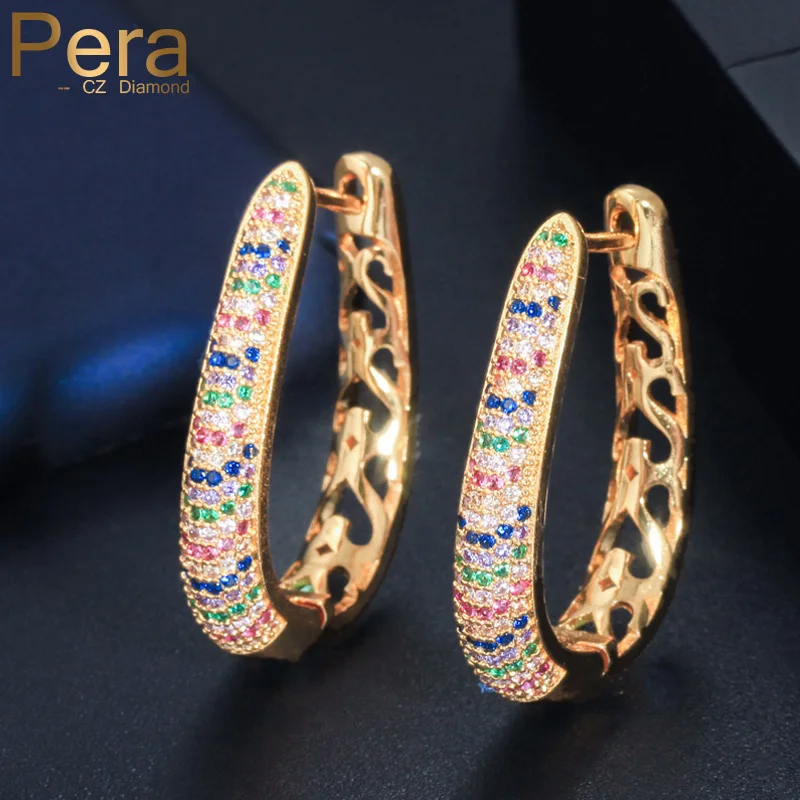 

Pera New Arrival Luxury Mix Color Paved Cubic Zirconia Duibai Gold Hollow Cut Round Hoop Earrings Jewelry for Women Gift E419