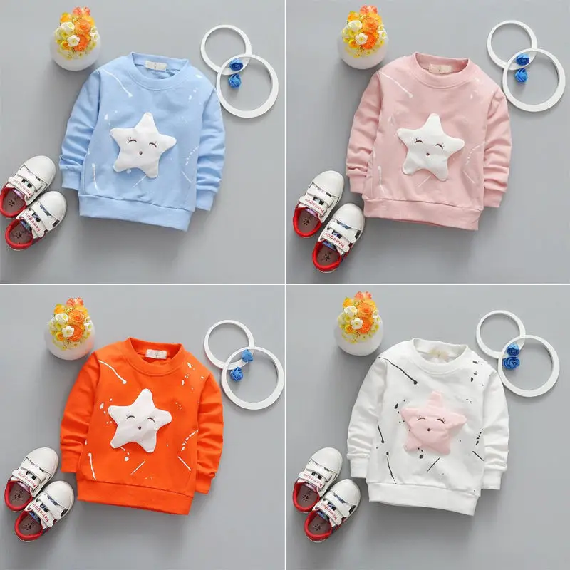 Y713 Children's clothing cotton Star Patch T-shirt long-sleeved spring top baby 1-2-3 years round neck cartoon anime shirt girl