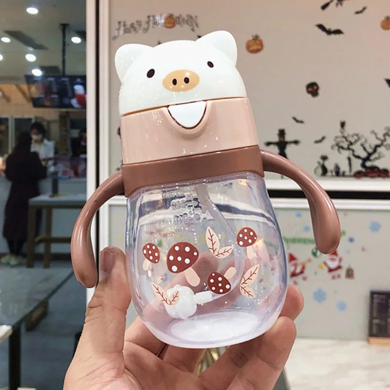 

270ml Drinking Wide Mouth Feeding Bottle Water with Handles Silicone Straw Training Milk Babies Suction Cups Leakproof