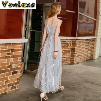 

Runway 2020 New Arrival Summer Luxury Designers Women High Quality Mesh Embroidery Elegant Vintage Long Dress With Belt