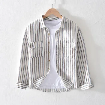 

2020 Men Mixed Colors Stripes Long Sleeve Linen Shirt Youth Casual Thin Loose-Fit Breathable Cotton Linen Shirt