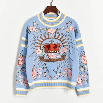 

New autumn and winter 2020 women's round neck long sleeve loosely embroidered flower knit sweater
