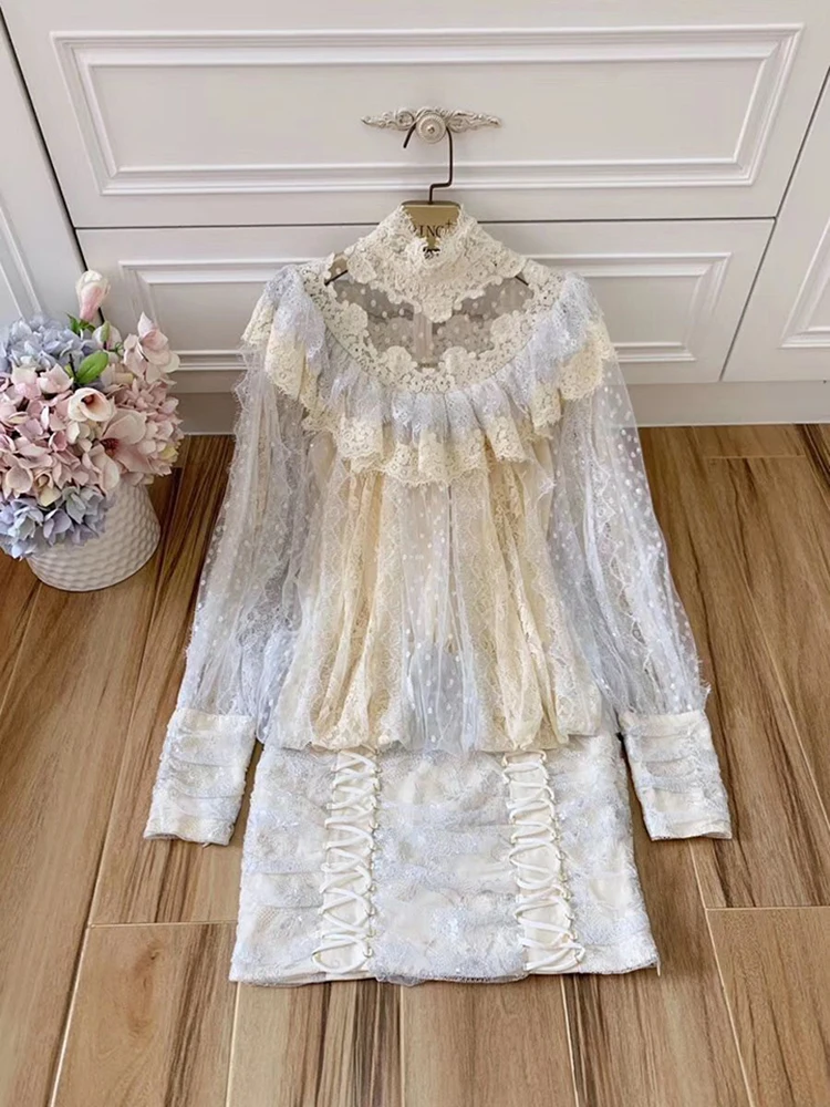 Fall Designer Runway Lace Dresses Women's Full Sleeves Sexy Lace Party Club Vestidoes Boutique Robe Femme Ete