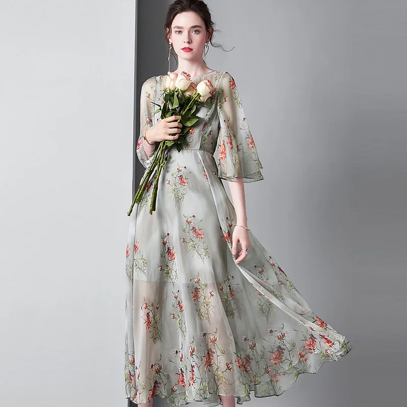 

grey chiffon floral dresses women natural 2020 summer brand long casual sexy office work beach dress plus size slim dropship