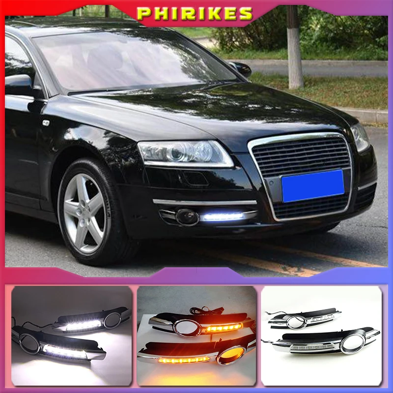

2Pcs For AUDI A6 C6 2005 2006 2007 2008 LED DRL Daytime Running Lights 12V ABS Fog Lamp Hole With Yellow Turn Signal