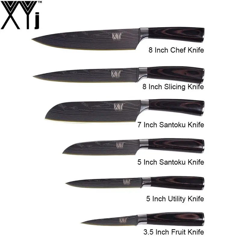 C.6PCS SET XYj 7 шт. набор ножей из нержавеющей стали с цветной деревянной ручкой Ножничные острые лезвия шеф-повара для нарезки Santoku Uitlity нож для очистки овощей инструмент для приготовления пищи - Цвет: C.6PCS SET