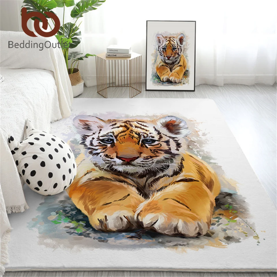BeddingOutlet Tiger Area Rug Watercolor Living Room Carpet Wild Animal Non-slip Floor Mat Black White Rugs Cartoon Home Decor | Дом и сад