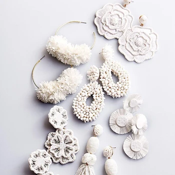 

FASHIONSNOOPS White Big Earrings for Women 2019 Trendy Beads Flower Cotton Tassel Fringes Dangle Drop Earrings Wedding Jewelry