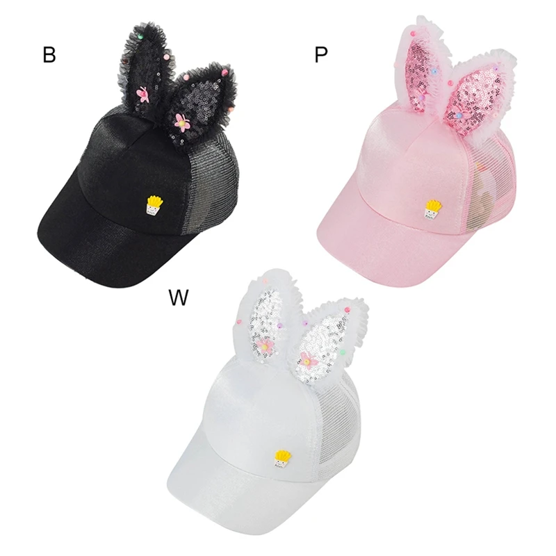 Cute Baby Hat Spring Summer Girl Baseball Cap Glitter Sequin Rabbit Ear Pearl Kids Girls Sun Hats for Children 2020 |