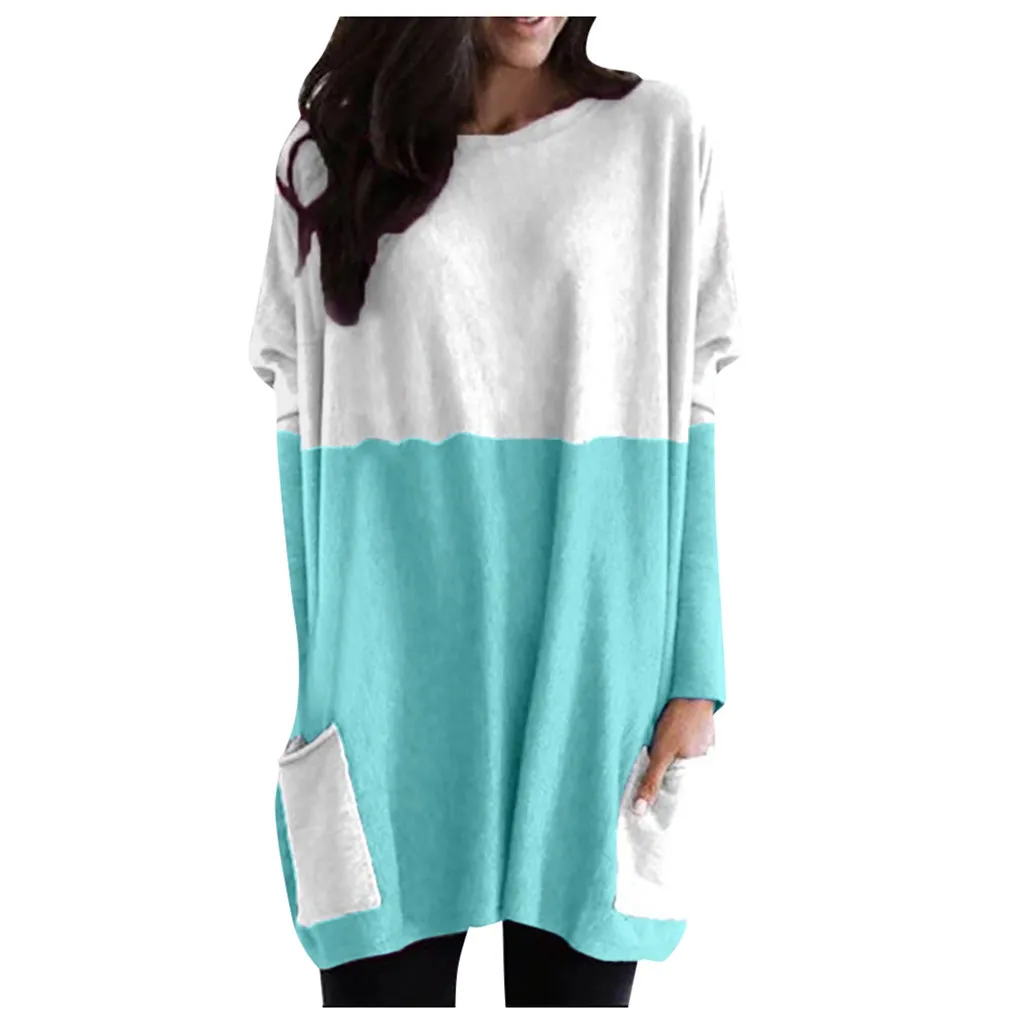 Blusas Mujer De Moda, женские модные повседневные свободные хлопковые топы с длинным рукавом, карманами и круглым вырезом