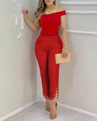 Mono informal elegante con tirantes y dos aberturas para mujer, peto de manga corta OL con perlas lisas, 2020
