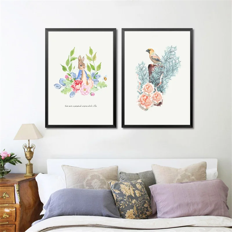 Скандинавский минималистичный акварель розовые цветы птицы художественный