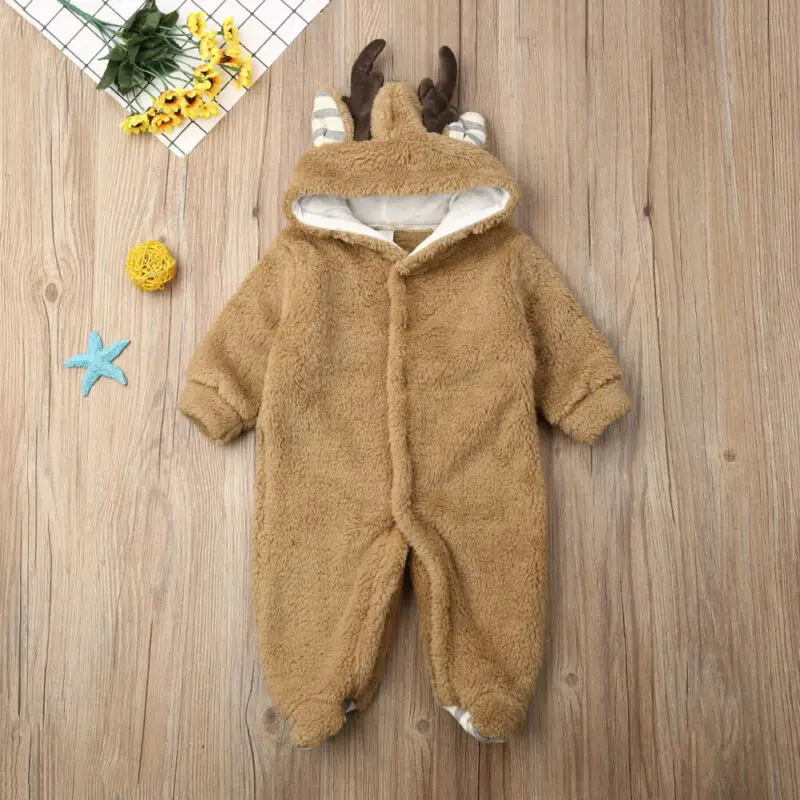 

Goocheer Winter Newborn Baby Girl Boy Antlers 3D Hooded Romper Cute Plush Warm Jumpsuit Winter Outfits Baby Clothes