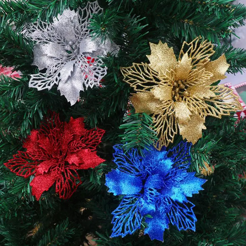 Искусственные пуансеттия блестящий цветок Рождественская елка висячие орнамент поддельные цветы DIY новогодний Свадебный декор