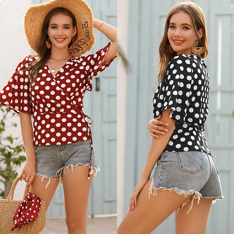 

Women V-neck Polka Dots Chiffon Blouse Shirt Dot Print Summer Chiffon Blusa Feminina Flare Sleeve Ruffled Peplum Short Tops