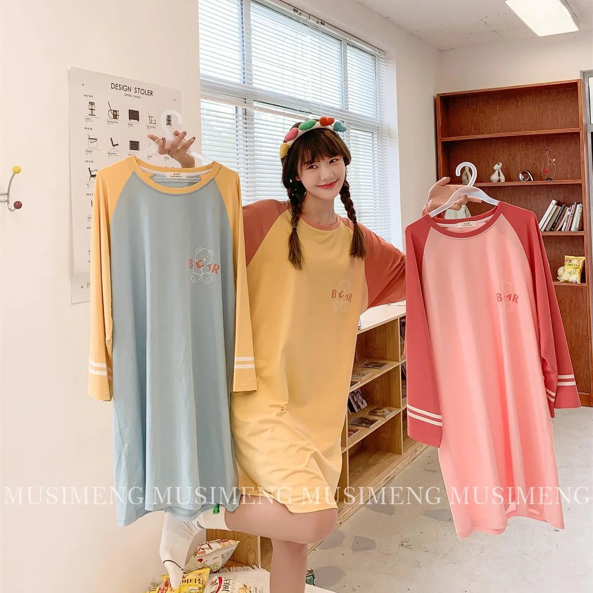 

Autumn New Color Blocking Pull Frame Cotton Nightdress Women's Long Sleeve Loose Oversized Nightgown Home Clothes Lady Sleepwear