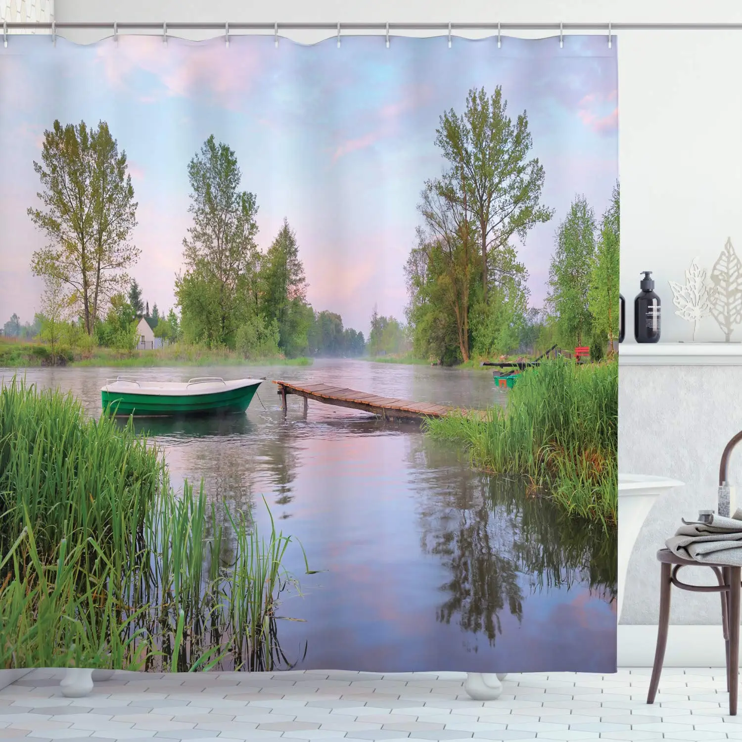 

Landscape Shower Curtain, Rural Landscape Lakeside Boat Trees Grass Clouds and Boardwalk Countryside, Cloth Fabric Bathroom