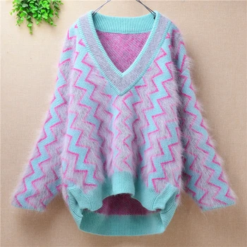 

TOP winter Folk vintage fashion V-neck mink cashmere knitted Real Angora rabbit fur sweater korea pullover female plush jumper