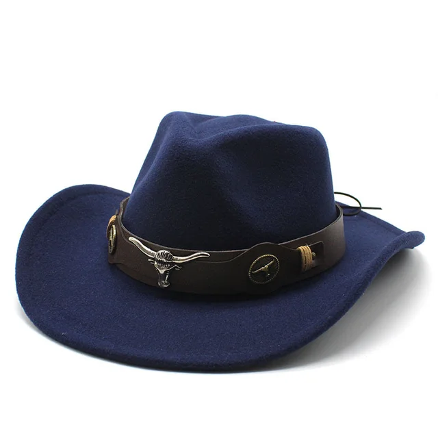 Wome Men Black Wool Chapeu Western Cowboy Hat Gentleman Jazz Sombrero Hombre Cap Dad Cowgirl Hats Size 56-58cm Navy