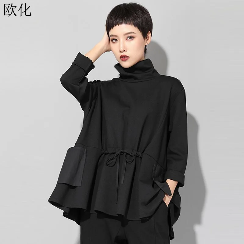 2019 New Autumn Winter Women T Shirt Big Size Long Sleeve Black Loose Pocket Drawstring Tee Female Plus T-Shirts Tide | Женская одежда