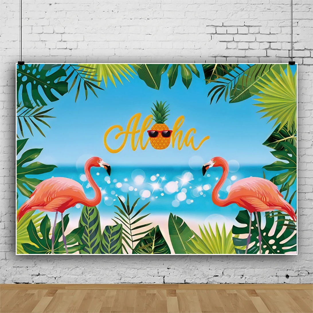 

Laeacco Summer Tropical Plam Tree Leaves Flamingo Backdrop Photography Seaside Light Bokeh Customized Banner Photo Studio Poster