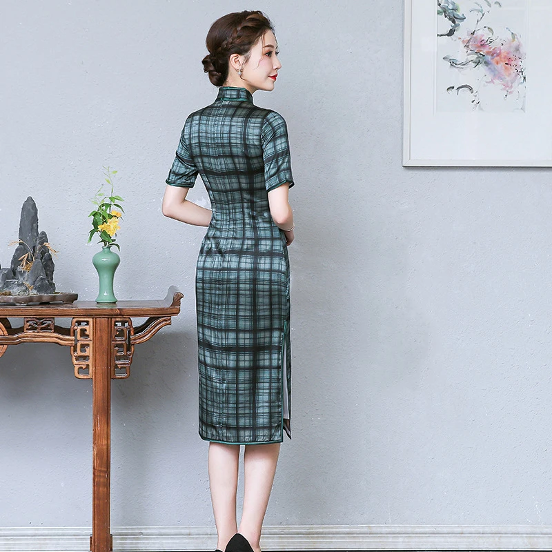 Темно-зеленое традиционное женское атласное платье Cheongsam с цветочным принтом, винтажное платье на пуговицах, Qipao, воротник-стойка, короткий рукав, вечернее платье