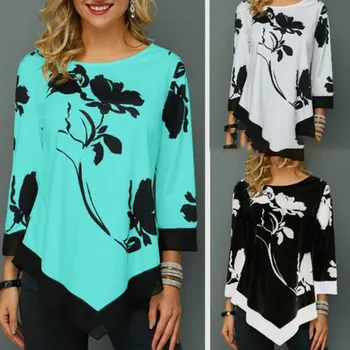 

2019 Autumn New Ink Printing T-shirt Round Neck Nine-point Sleeve Loose Casual Hem Irregular W6