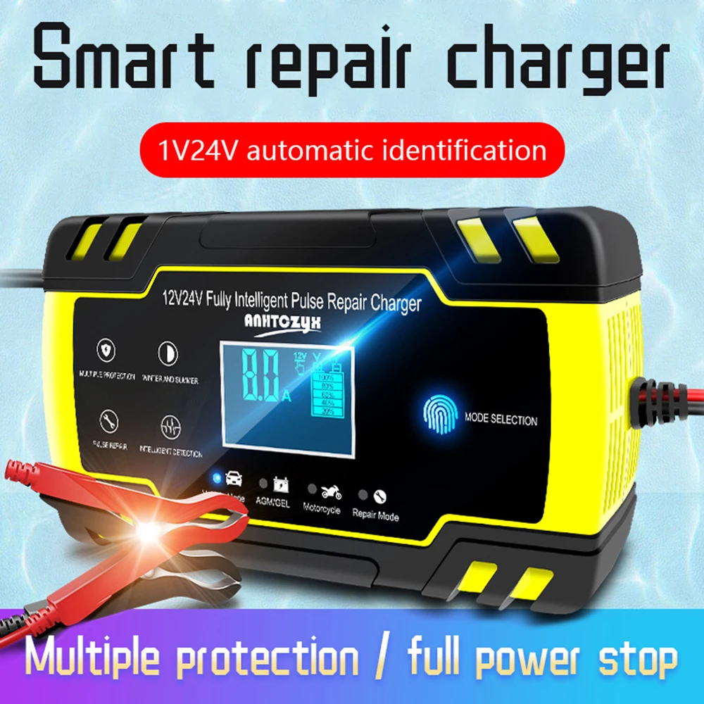 Comprar Cargador de batería de coche 12 24V 8A pantalla táctil Reparación de pulsos LCD cargador estándar para la motocicleta del coche batería de plomo ácido