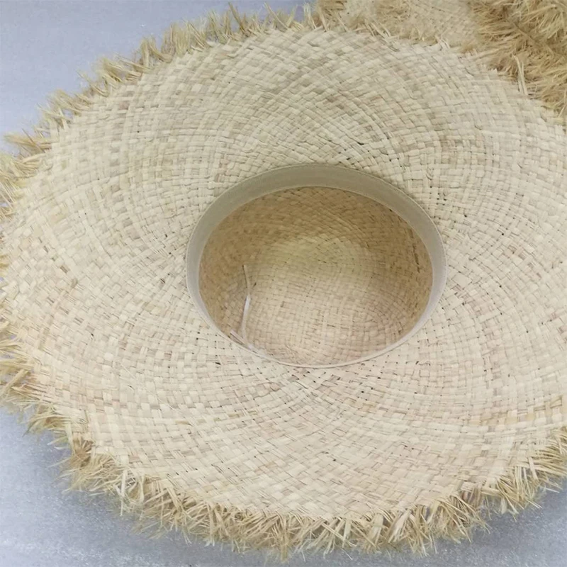 RH New Handmade Natural Grass Hat Flat Top Wide Brim Sun Beach Raffia Straw  Hat With Tassel Decoration