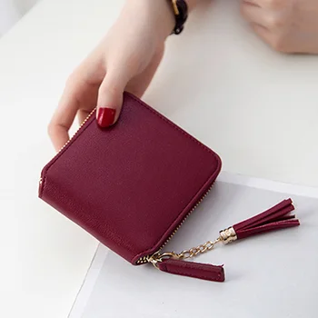 

Top Quality Square Women Coin Purses Holders Wallet Female Leather Tassel Pendant Money Wallets Hot Fashion Wine Red Clutch Bag