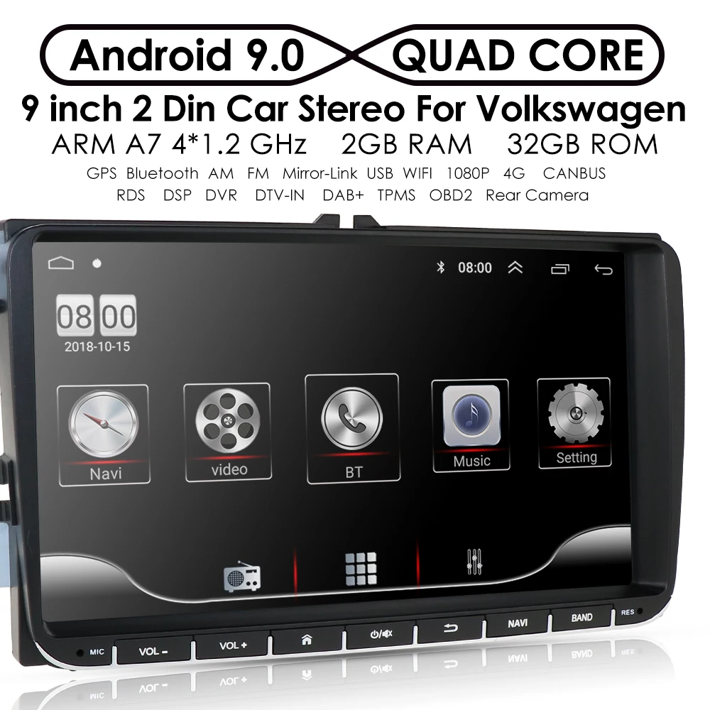 2 din 9 ''Android 9,0 2G ram радио стерео gps Navi для VW Passat B6 CC Polo GOLF 5 6 Touran Jetta Tiguan Magotan Seat BT SWC