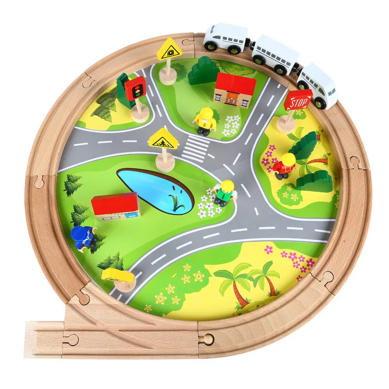 

Wooden Toys City Round Train Track Children hands-on disassembly puzzle traffic scene combination creative educational train toy